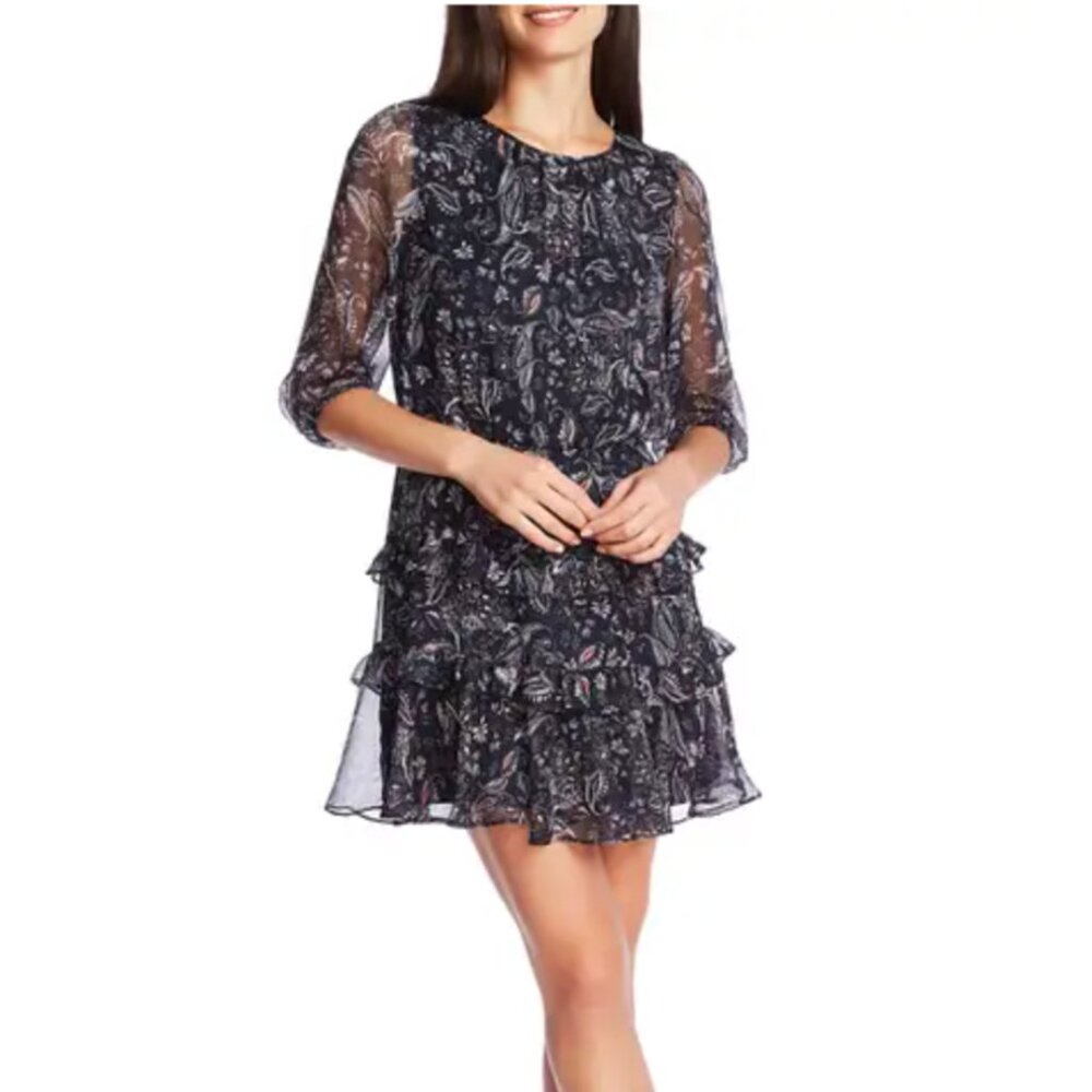 1.STATE Lyrical Paisley Tiered Ruffle Dress Blue Night Multi Sz.12